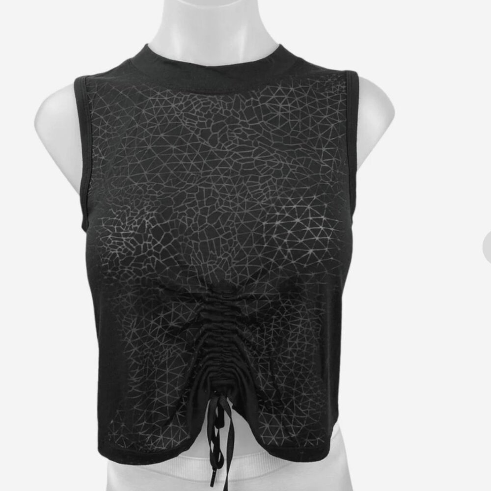 Lululemon Black Geometric Crew Neck Ruched Tie Front Athletic Crop Top